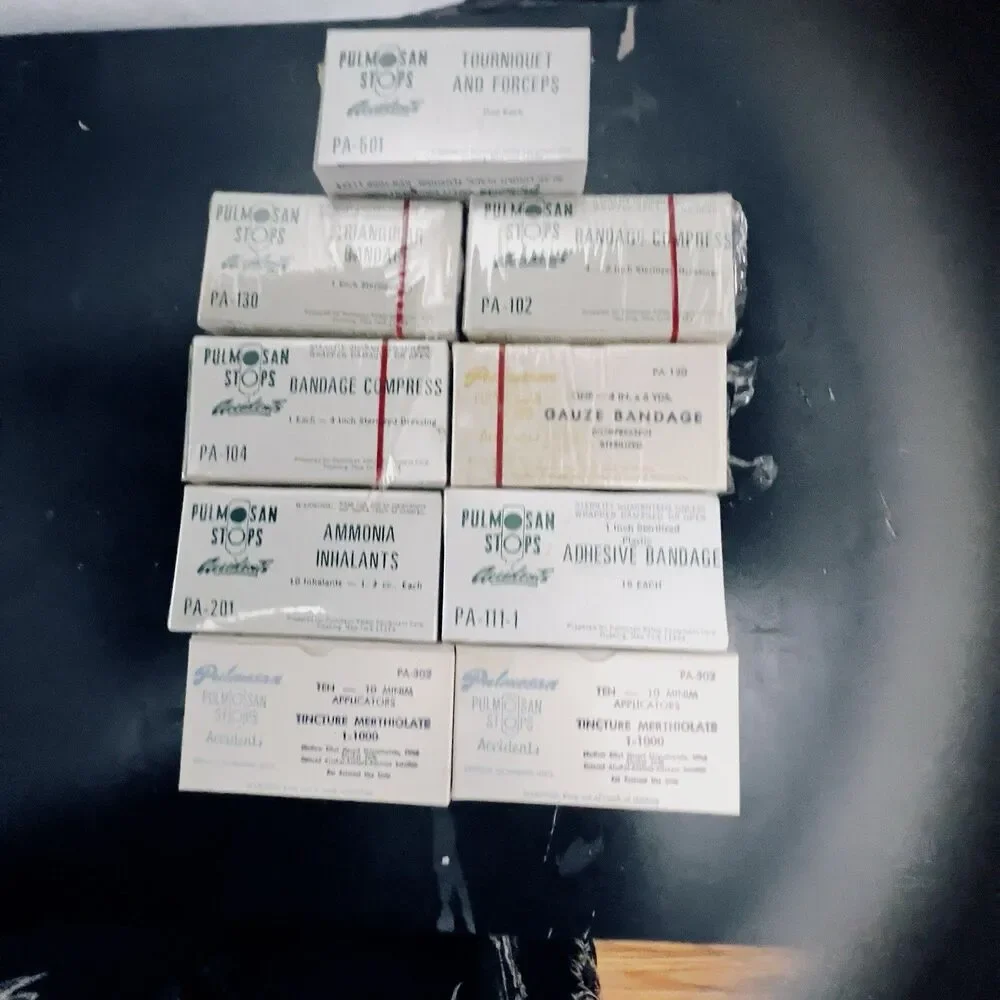 1940s Sealed Military First Aid Kit Lot of 9 Nursing Supplies WWII Pulmosan